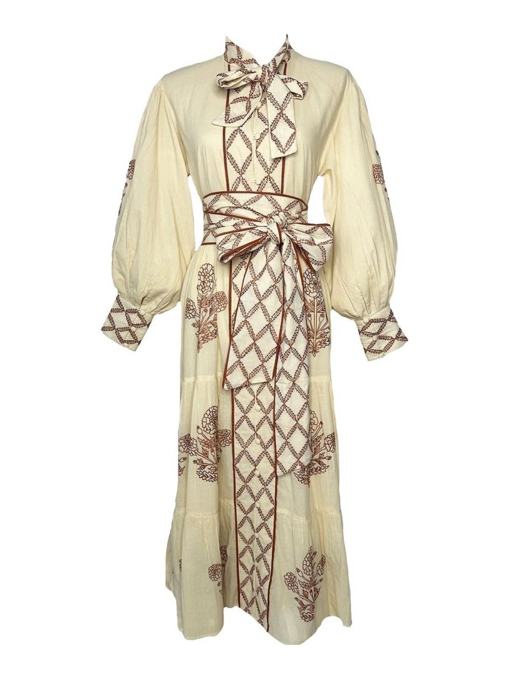 Embroidered Tie-Belt Maxi Dress in Cream with Brown Accents